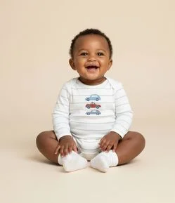 Body Infantil com Estampa de Carrinhos e Listras – Tam 0 a 18 Meses