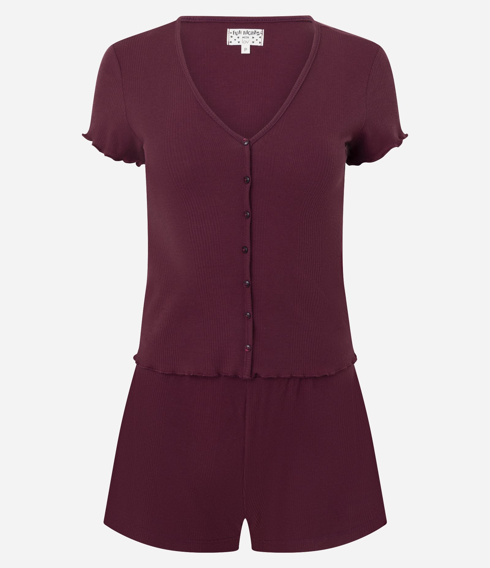 Pijama Curto em Tricô com Abotoamento e Frufrus Vinho 1