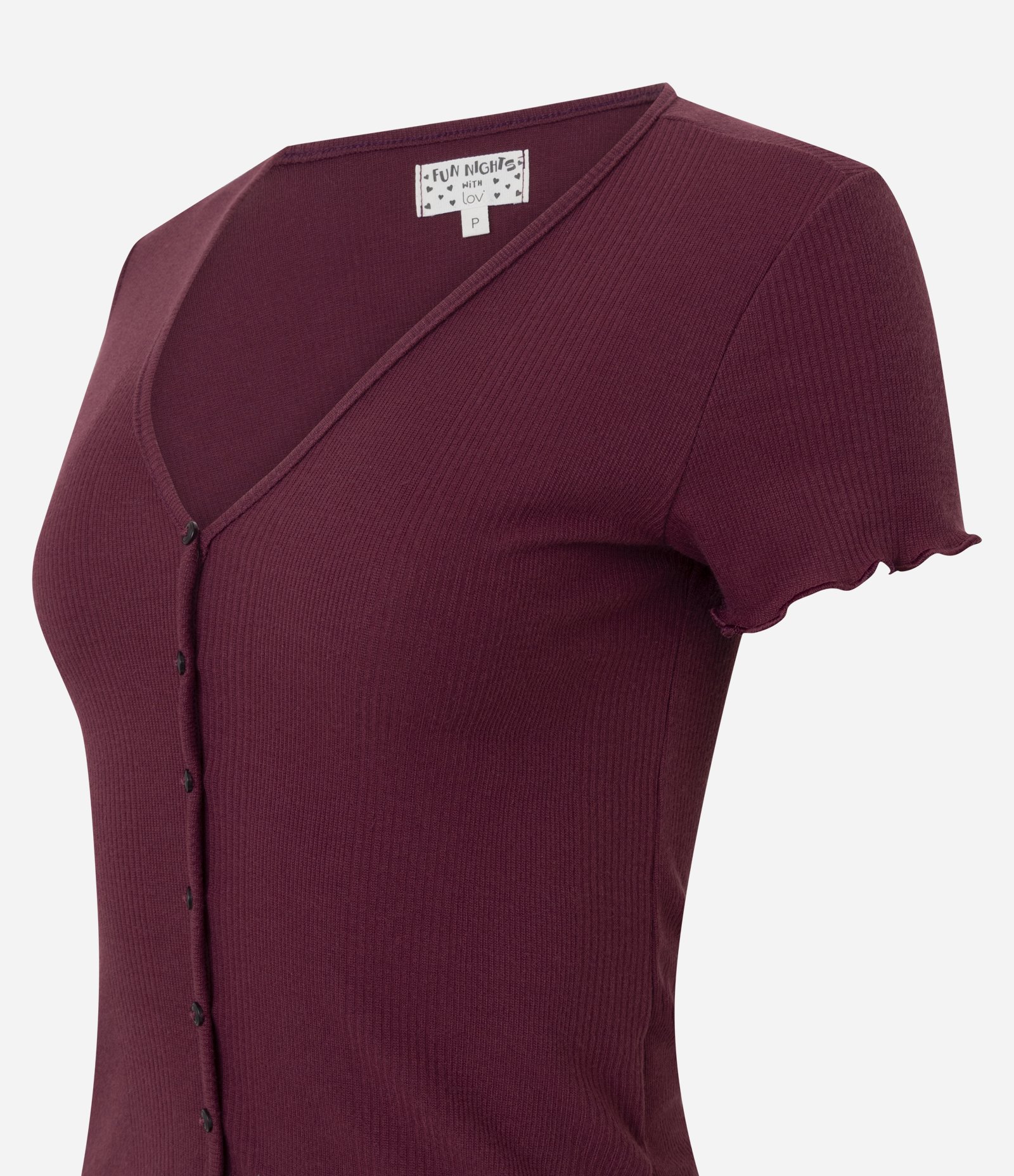 Pijama Curto em Tricô com Abotoamento e Frufrus Vinho 2