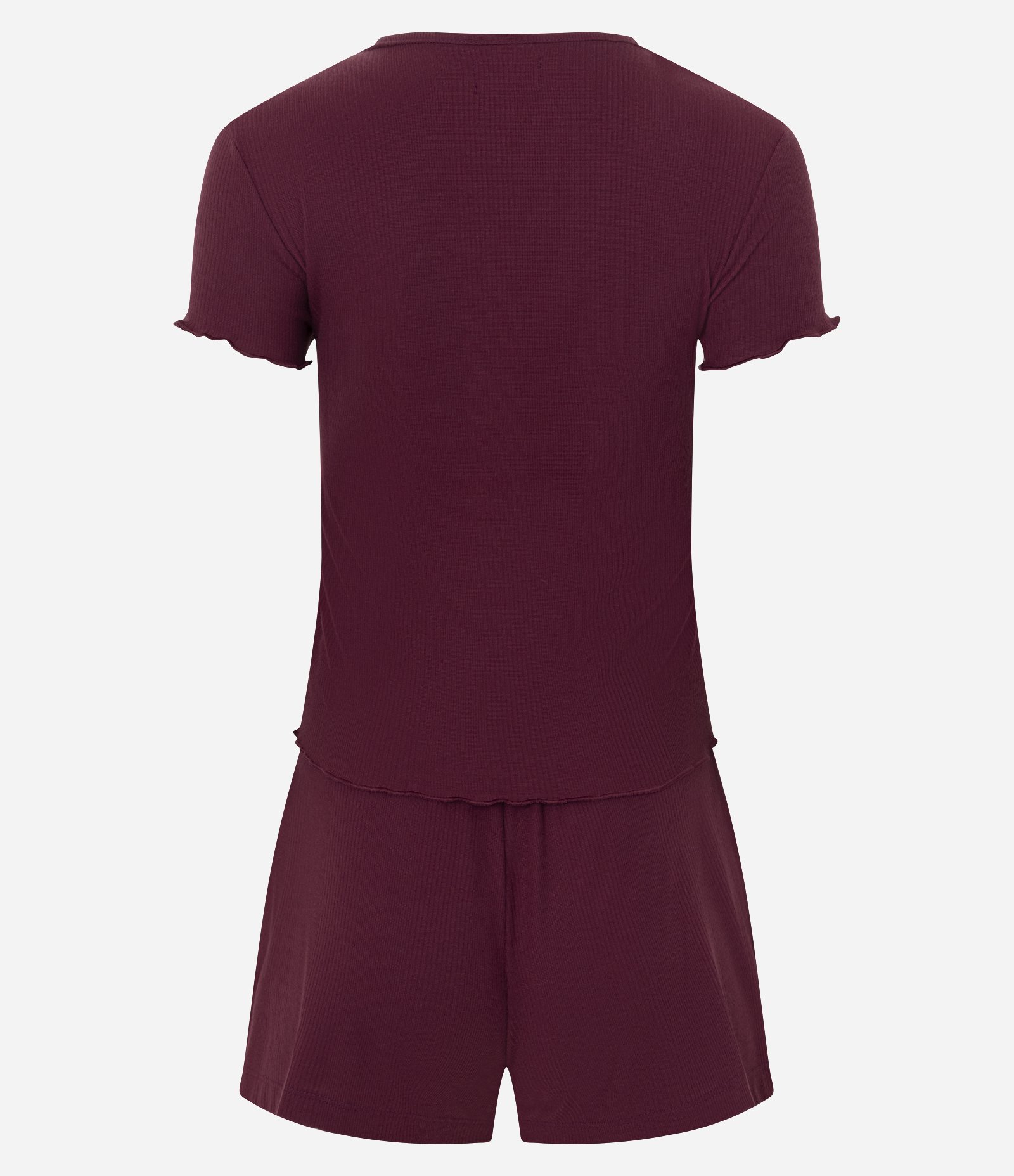 Pijama Curto em Tricô com Abotoamento e Frufrus Vinho 4