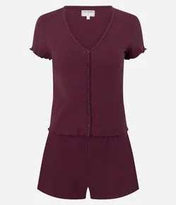 Pijama Curto em Tricô com Abotoamento e Frufrus