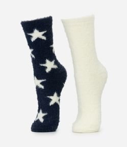 Kit 2 Meias Cano Alto com Pelo Artificial Estrelas