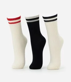 Kit 3 Pares de Meia Cano Médio em Algodão com Listras