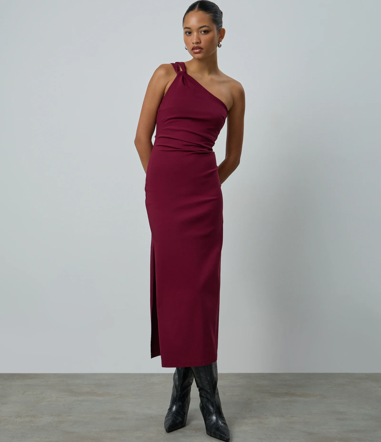 Vestido Midi Ombro Único em Bengaline Vinho 2