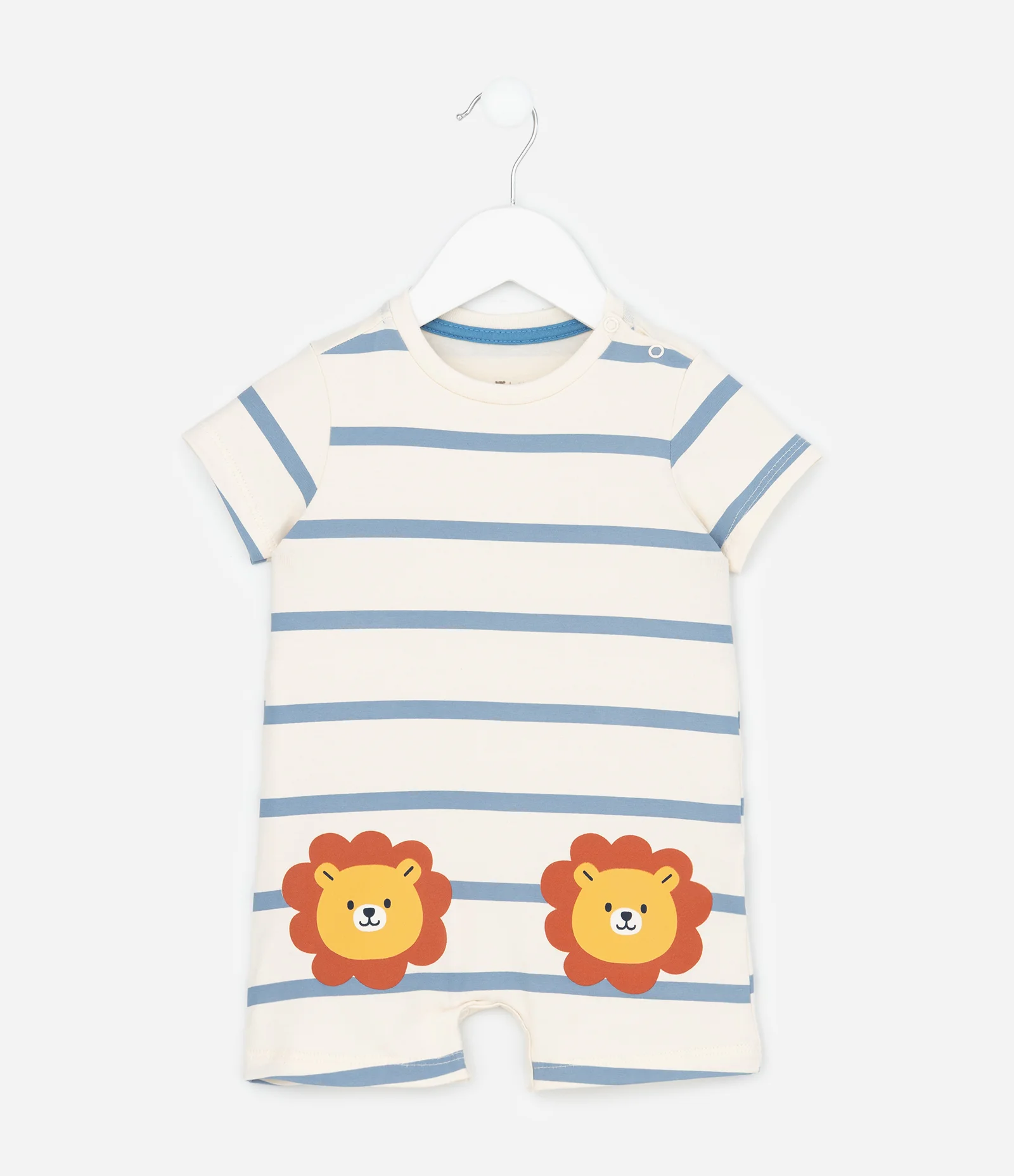 Macaquinho Infantil Listrado com Leão nos Joelhos – Tam RN a 18 Meses Off White 1