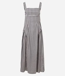 Vestido Midi em Tricoline com Decote Quadrado e Estampa Xadrez