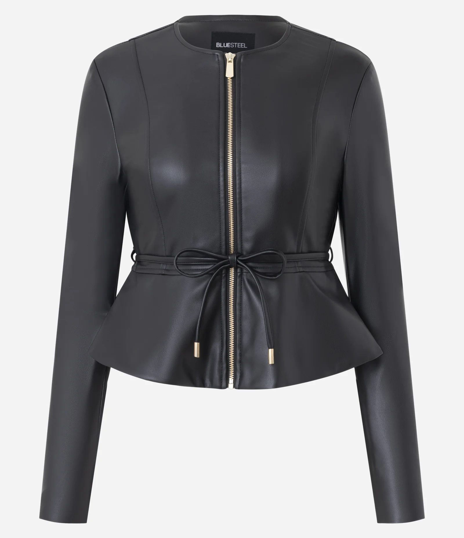 Jaqueta Peplum em PU com Cinto Ajustável e Zíper Preto 1