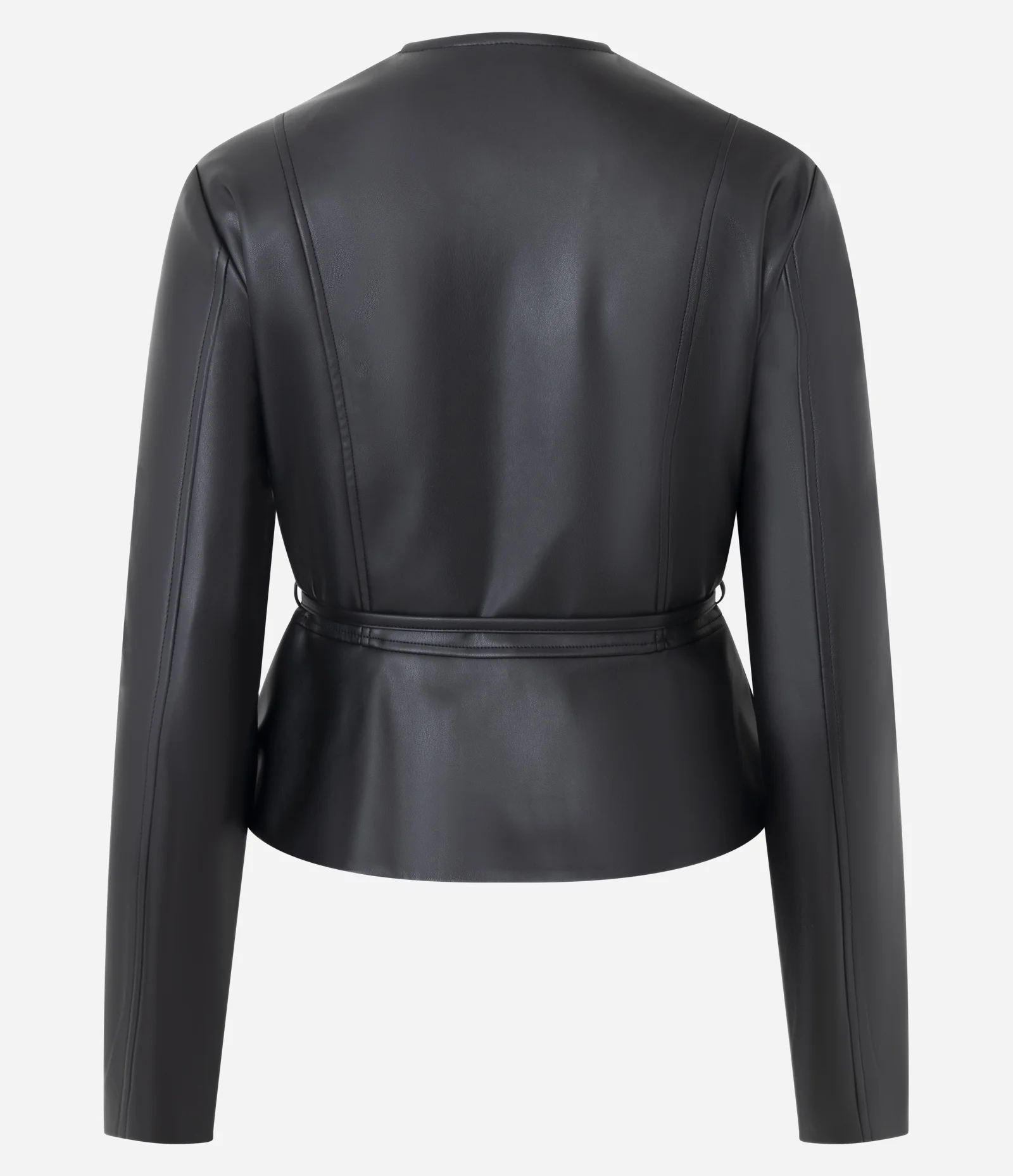 Jaqueta Peplum em PU com Cinto Ajustável e Zíper Preto 2