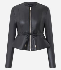 Jaqueta Peplum em PU com Cinto Ajustável e Zíper