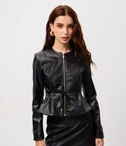 Jaqueta Peplum em PU com Cinto Ajustável e Zíper