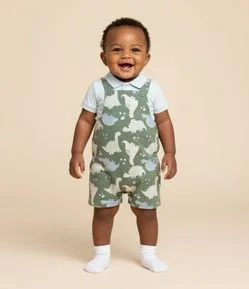 Jardineira Infantil em Moletom com Estampa de Dinossauros – Tam 0 a 18 Meses