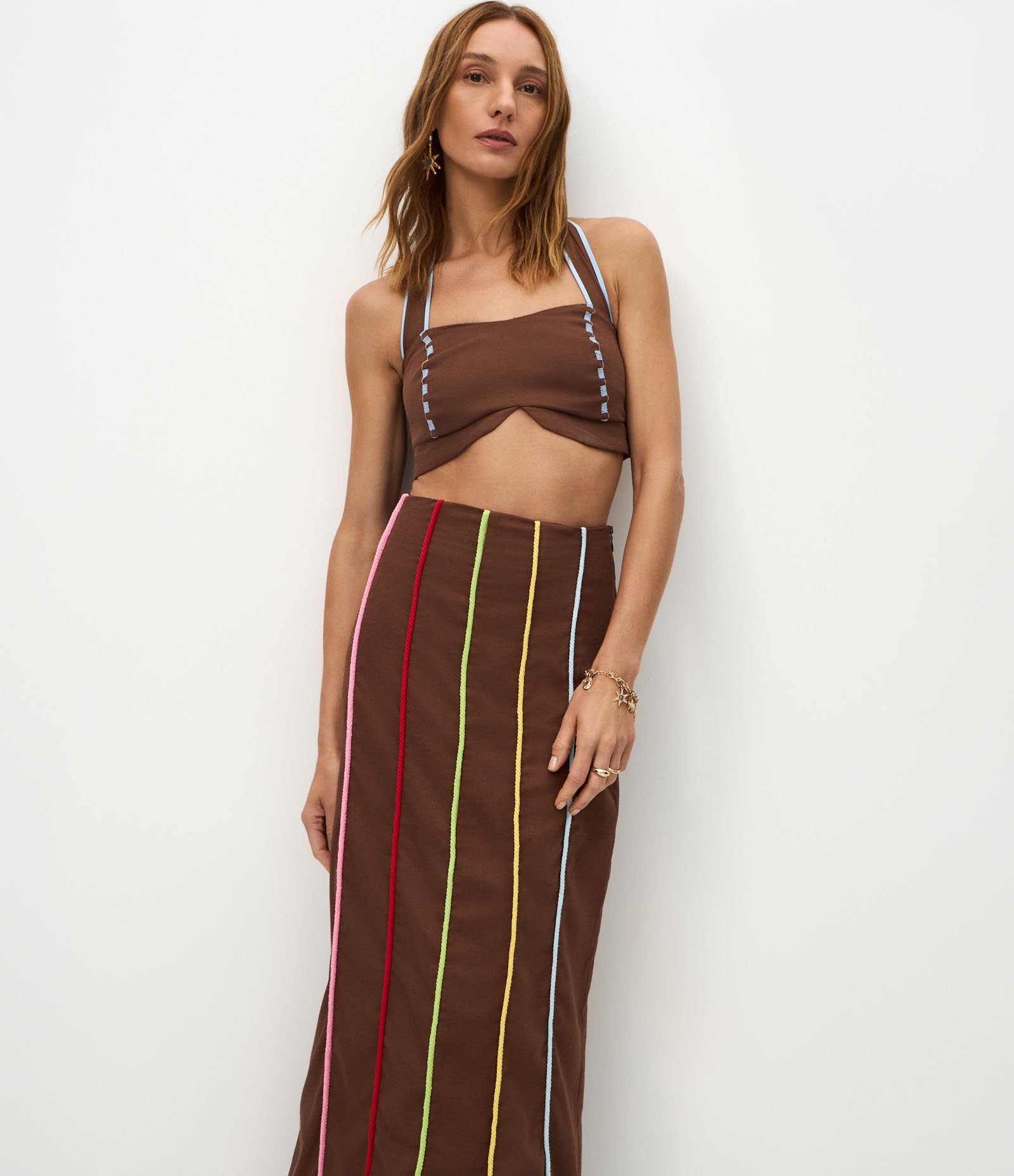 Saia Longa em Viscolinho com Aviamento de Cordas Marrom 2