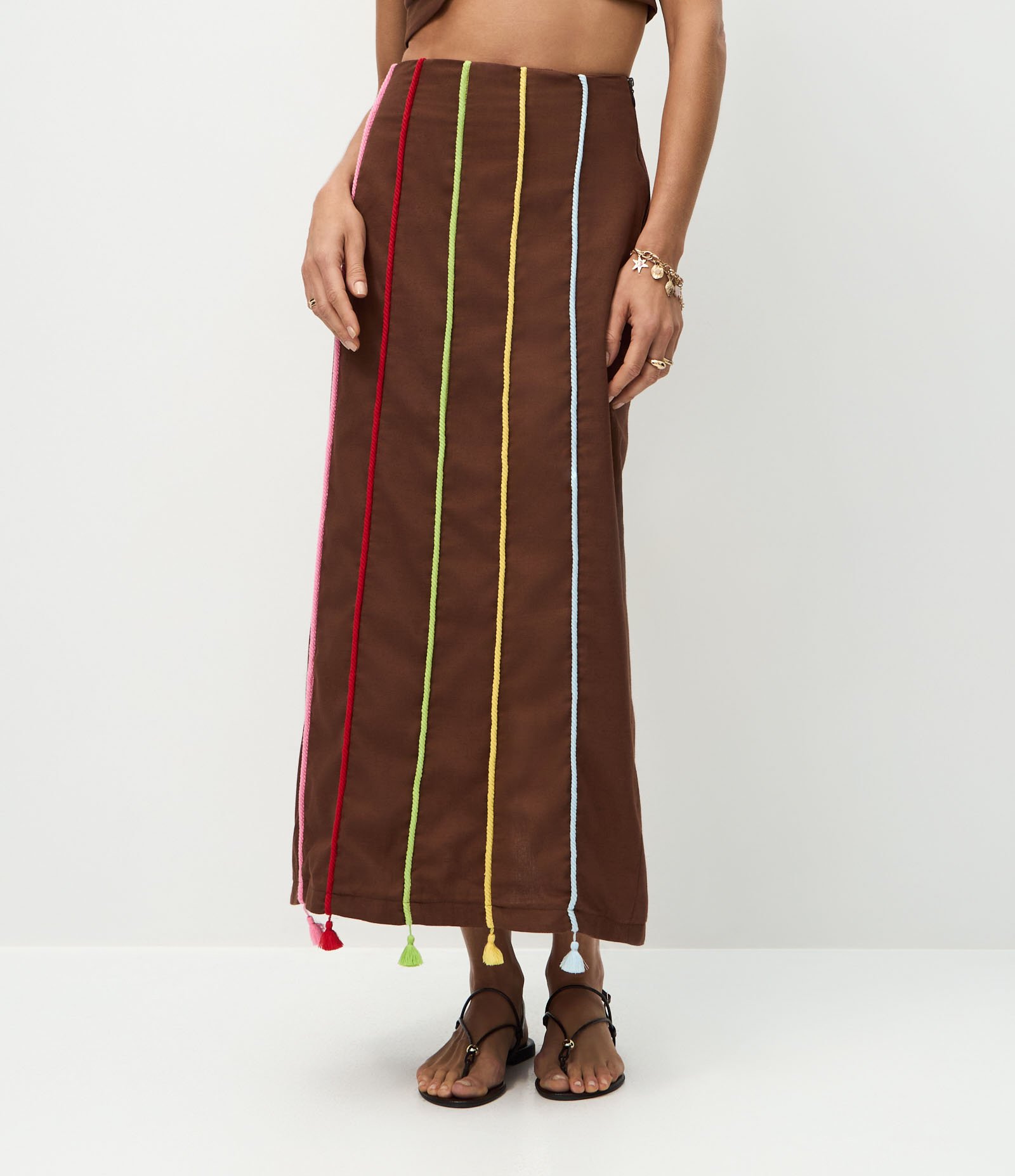 Saia Longa em Viscolinho com Aviamento de Cordas Marrom 3