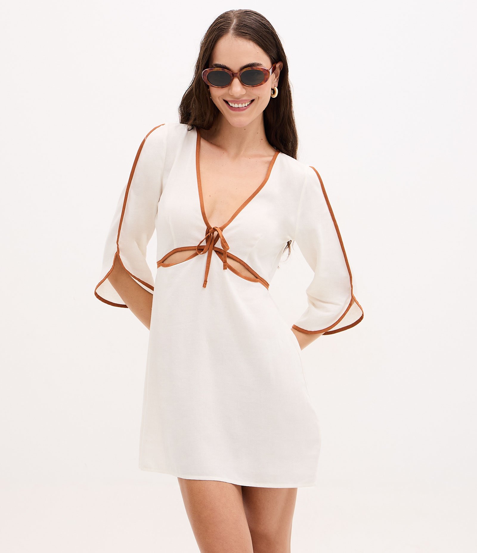 Saída de Praia Vestido em Viscolinho com Manga 3/4 Branco 1