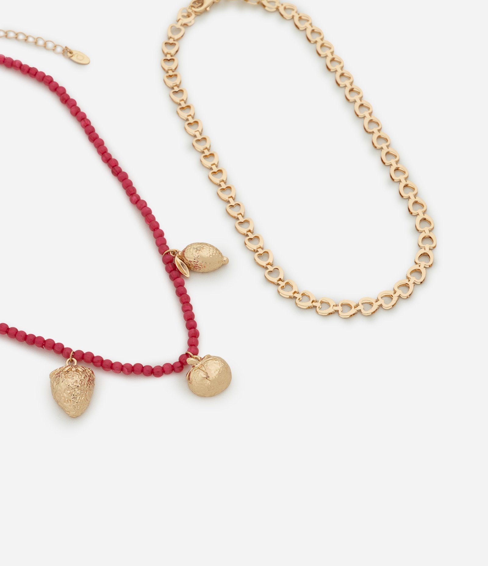 Colar Camadas com Miçangas e Pingente de Frutas Dourado/Rosa 1