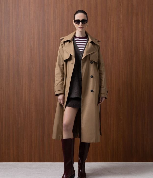 Trench Coat Alongado Gabardine com Faixa para Amarração