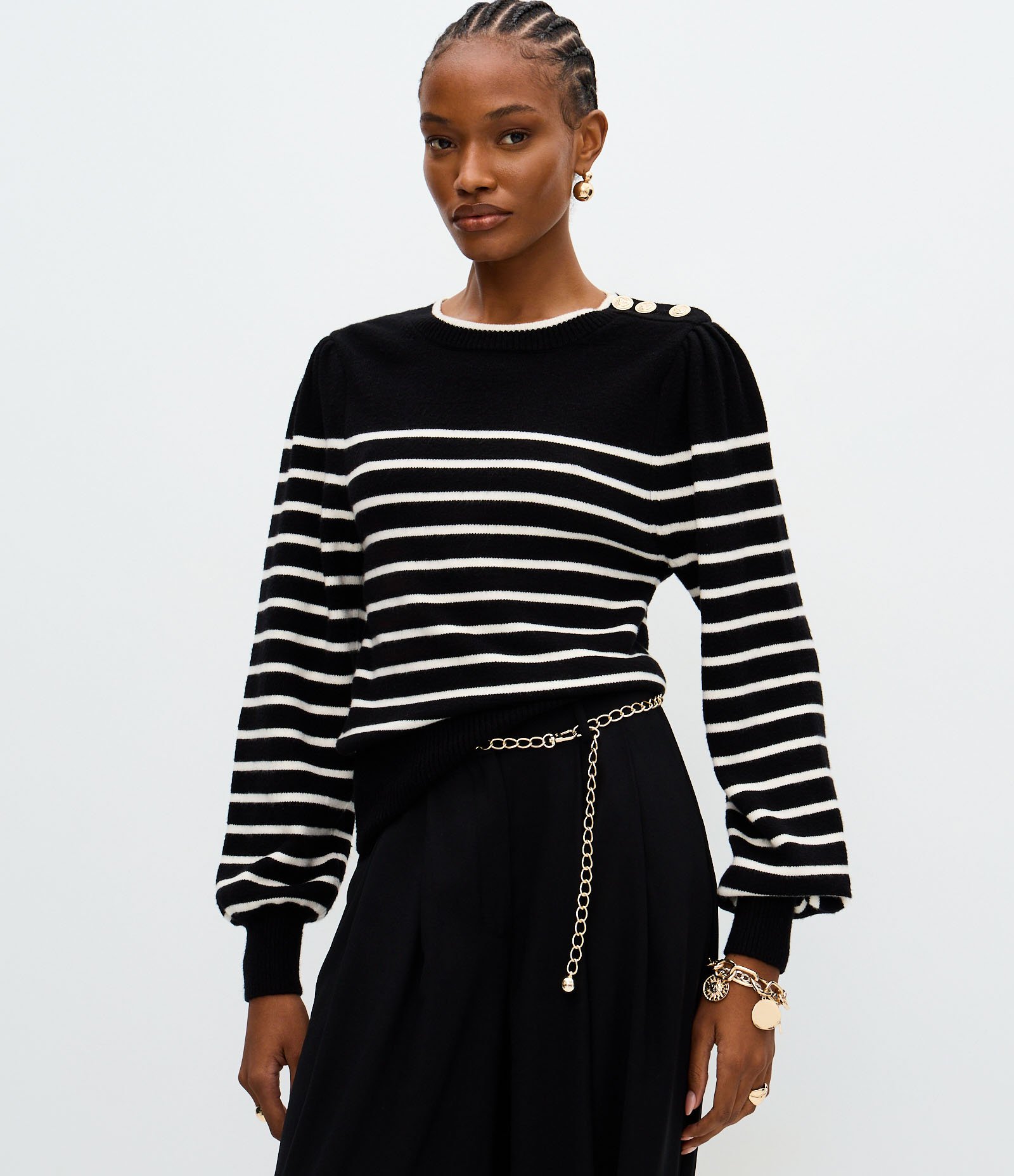 Suéter em Tricô com Estampa Listrada e Botões no Ombro Preto 1