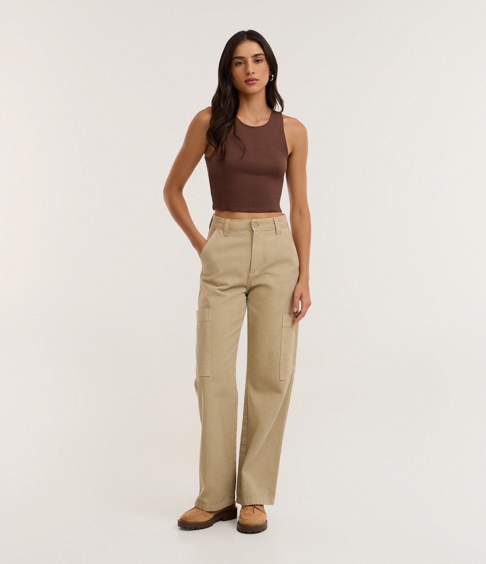 Blusa Cropped sem Manga em Algodão com Textura Canelada Marrom 2