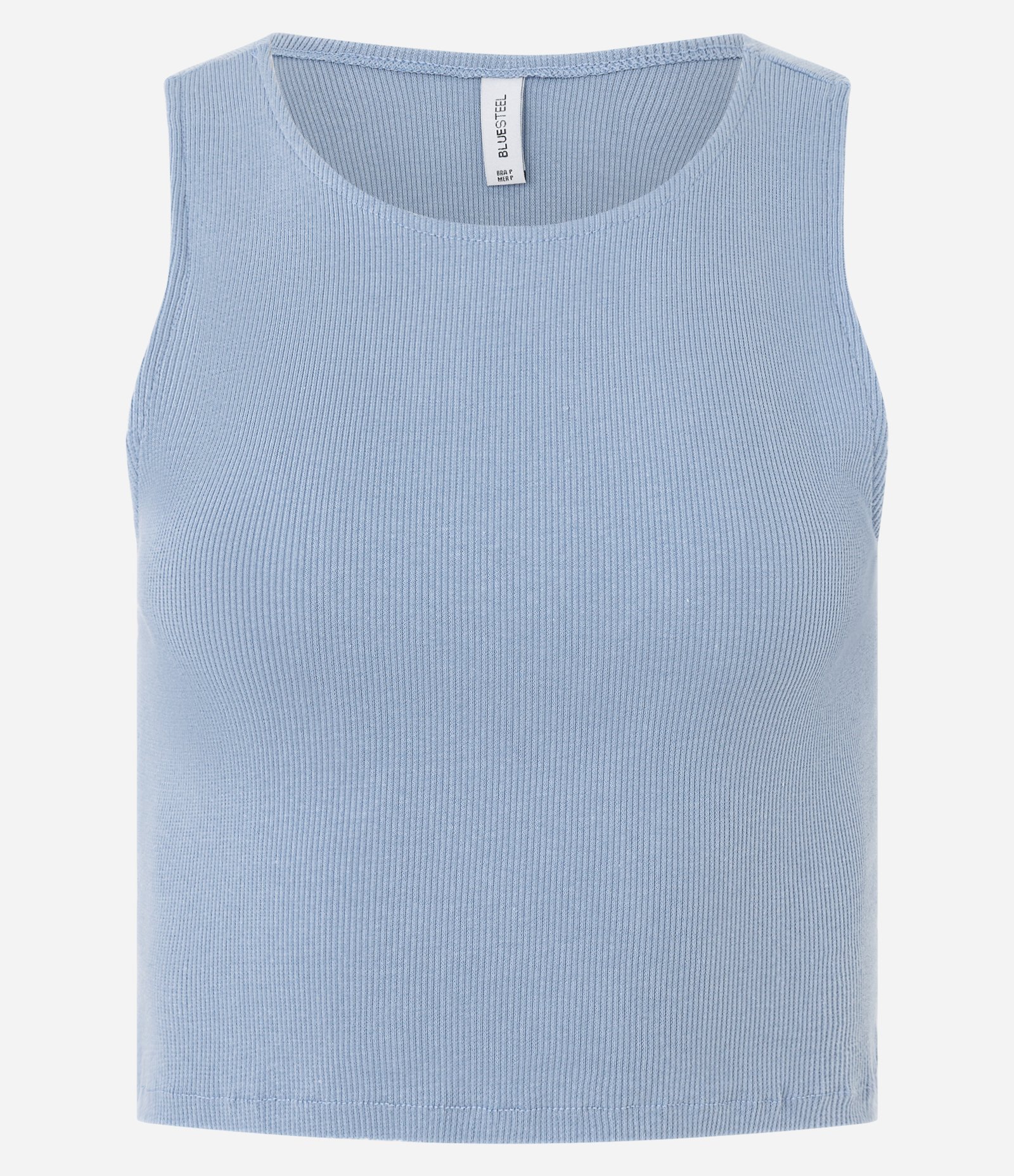 Blusa Cropped sem Manga em Algodão com Textura Canelada Azul Médio 5