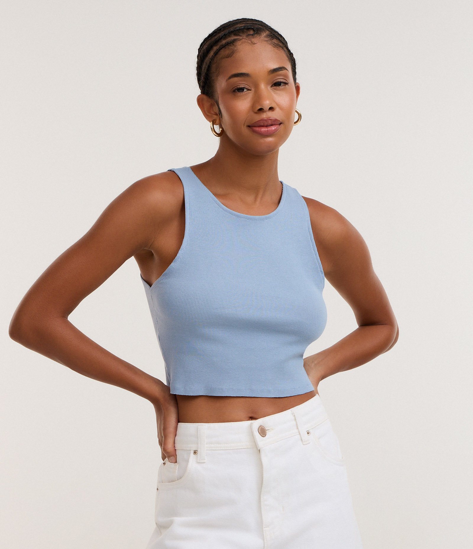Blusa Cropped sem Manga em Algodão com Textura Canelada Azul Médio 1