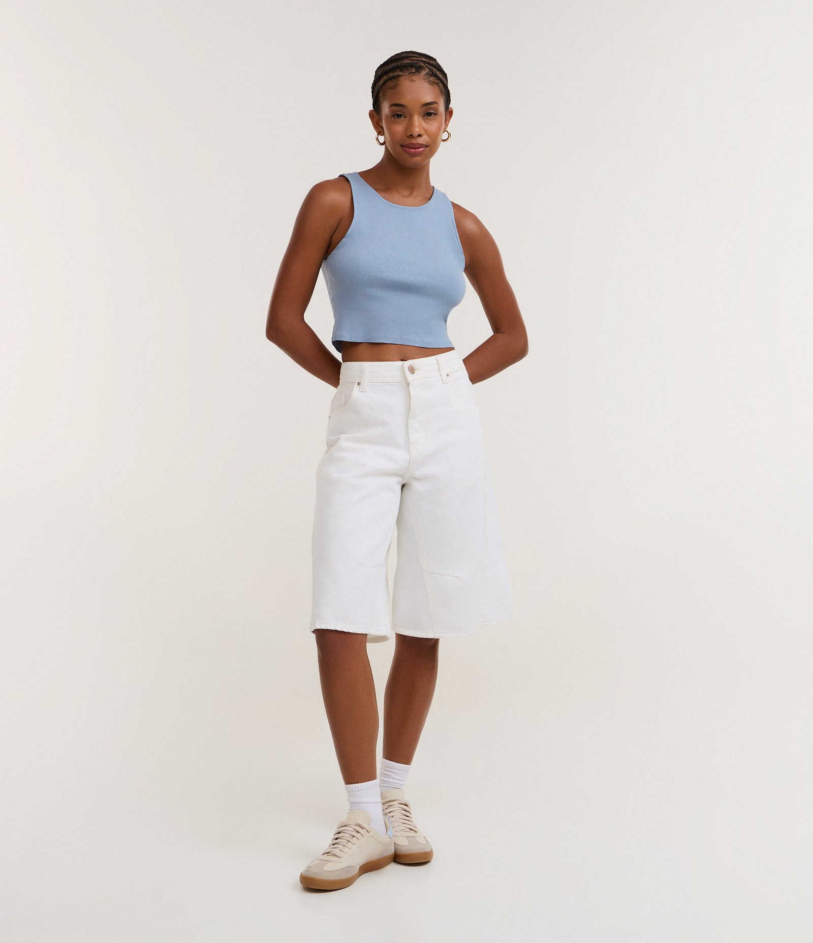 Blusa Cropped sem Manga em Algodão com Textura Canelada Azul Médio 2