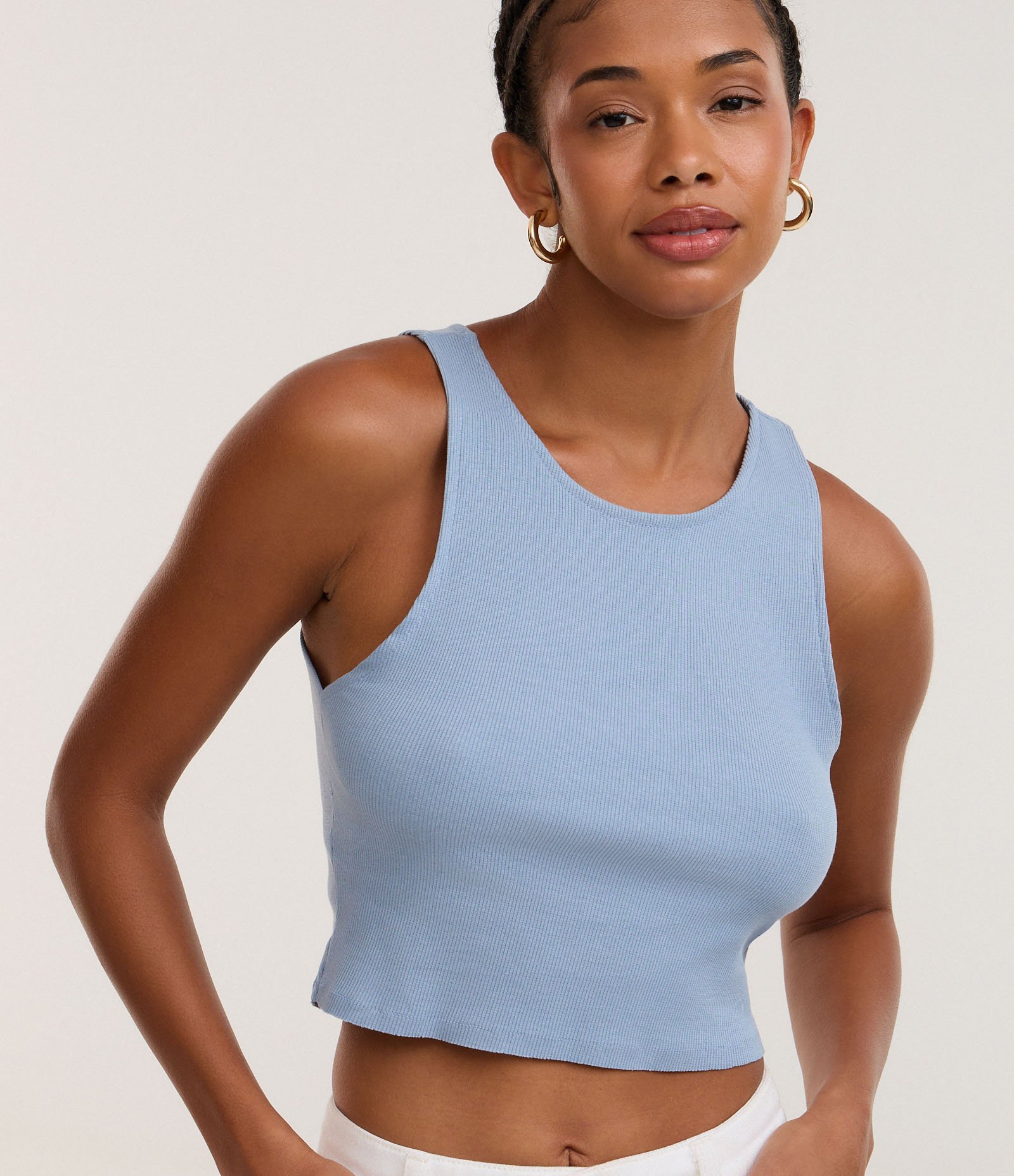 Blusa Cropped sem Manga em Algodão com Textura Canelada Azul Médio 4