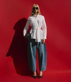 Calça Barrel em Jeans com Cintura Média