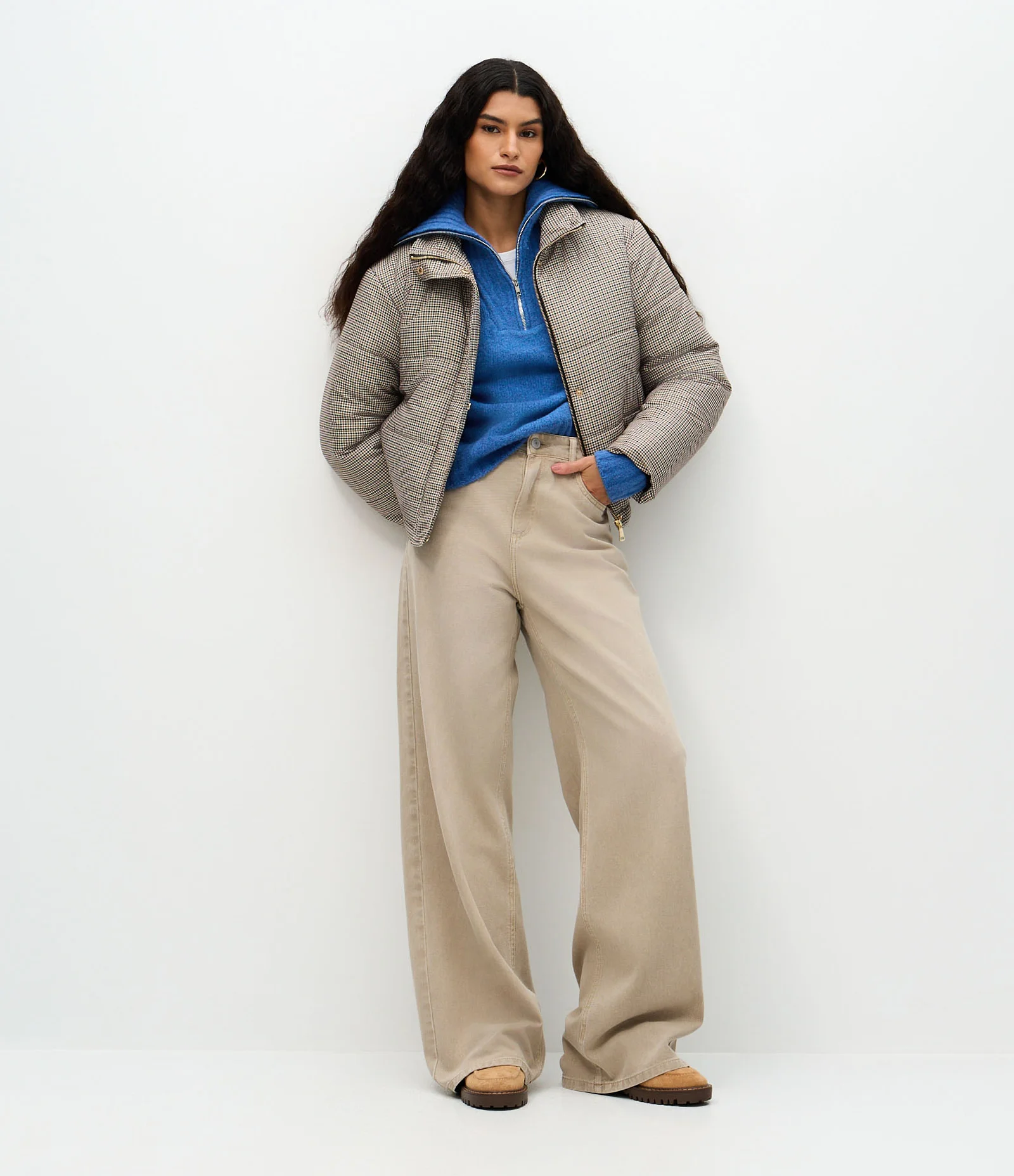 Calça Jeans Wide Leg Cationizada com Cintura Alta Bege 1