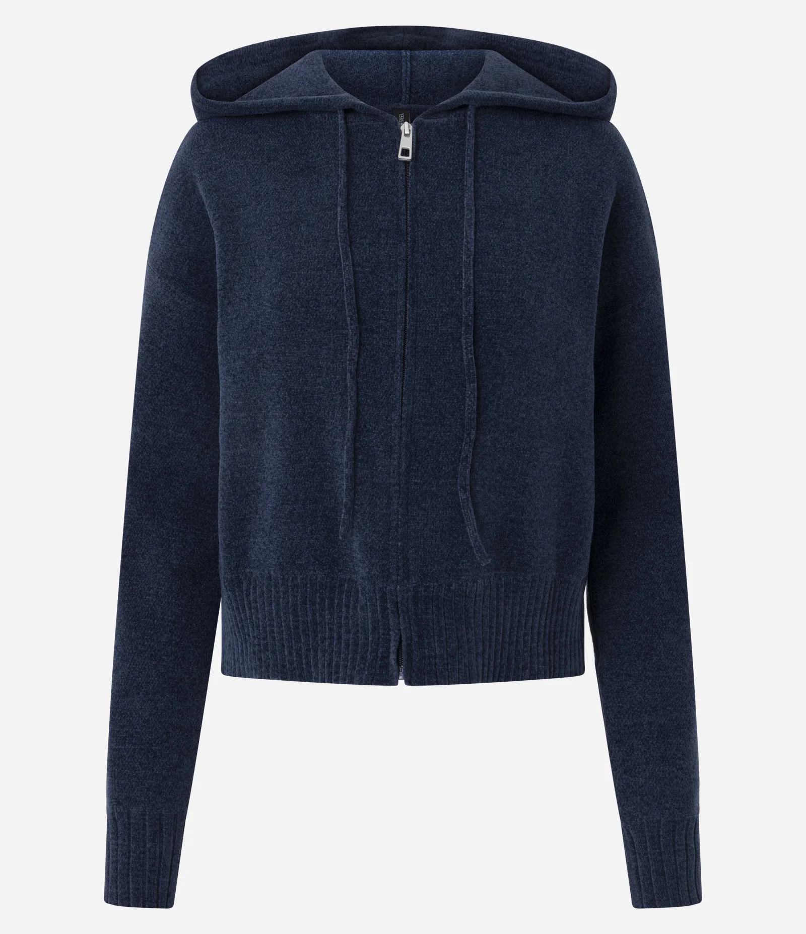 Casaco em Tricô Chenille com Capuz e Zíper Azul 1