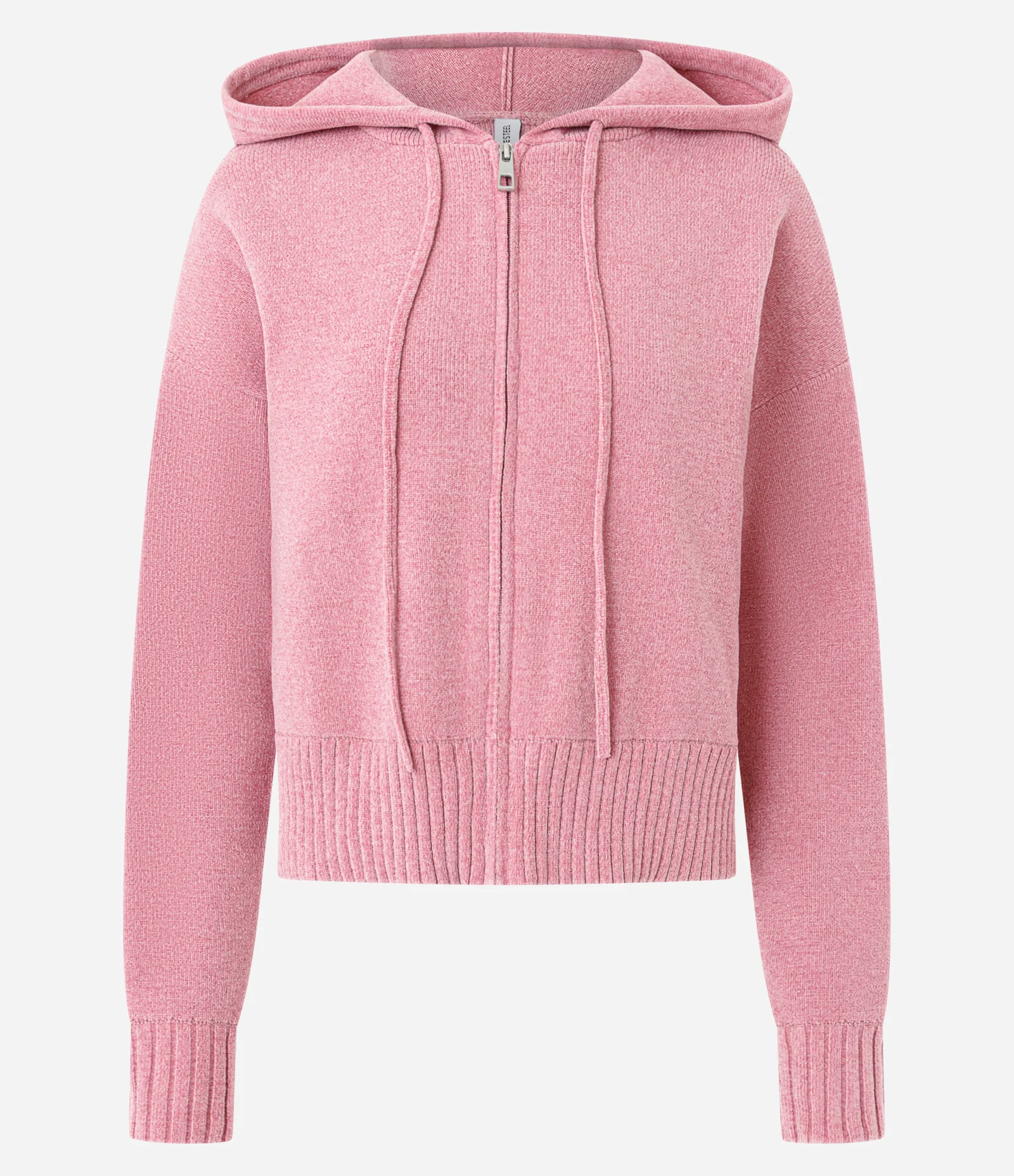Casaco em Tricô Chenille com Capuz e Zíper Rosa 1