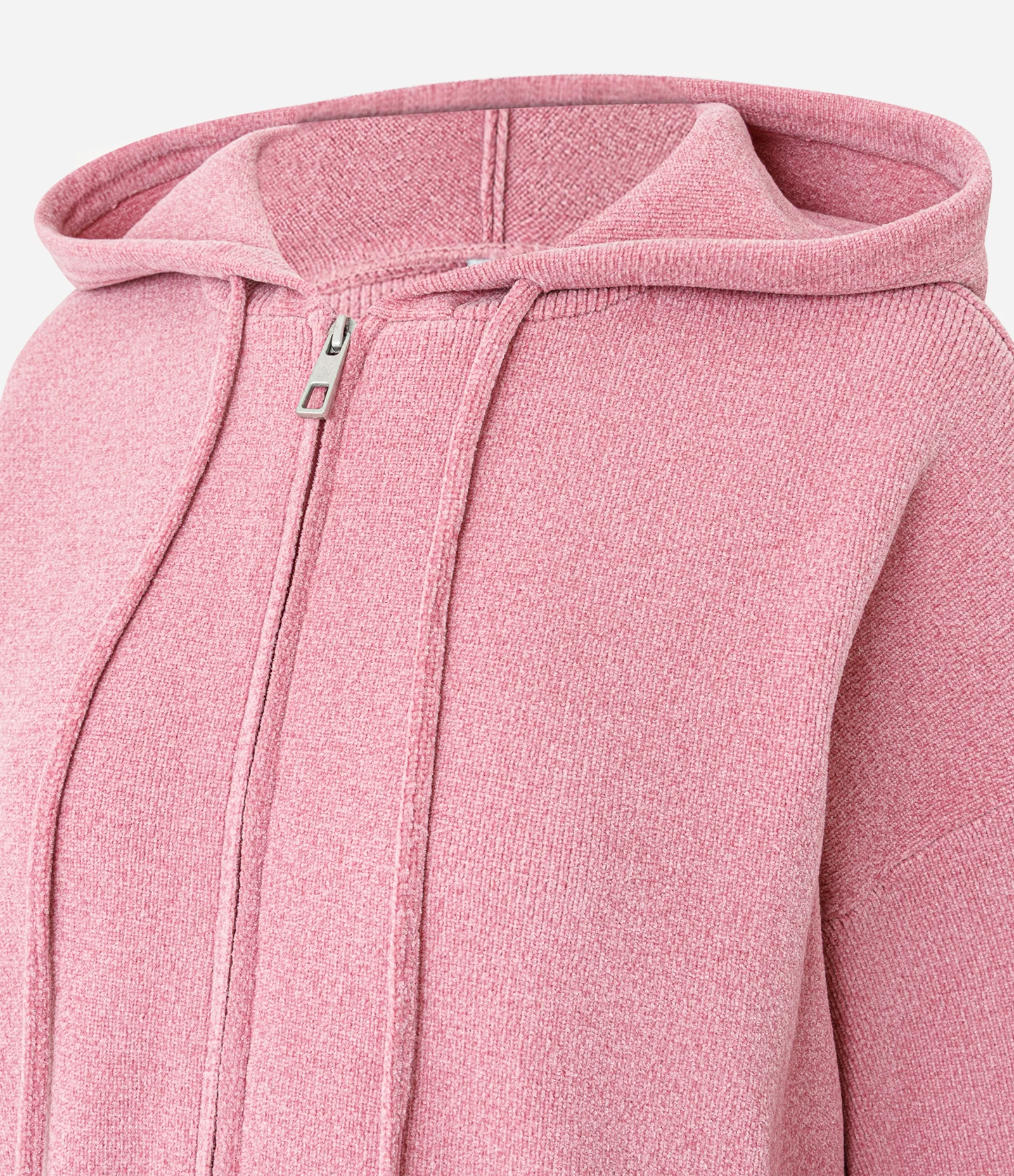 Casaco em Tricô Chenille com Capuz e Zíper Rosa 2