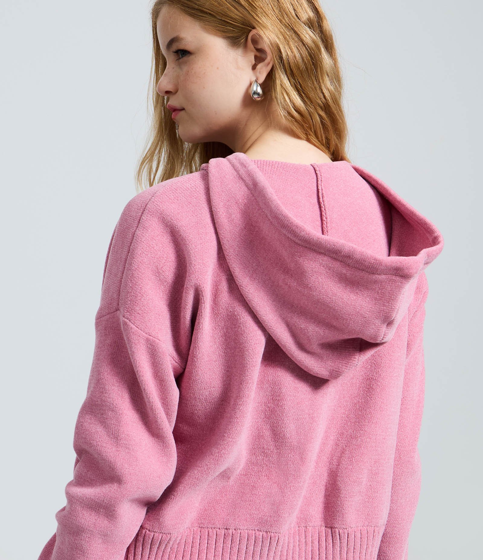 Casaco em Tricô Chenille com Capuz e Zíper Rosa 4