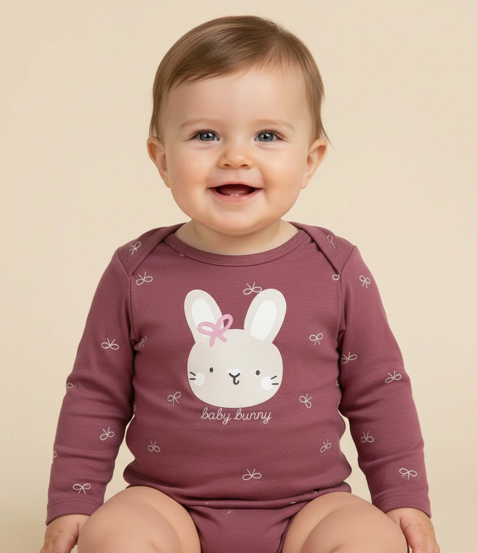 Body Infantil com Estampa de Coelhinho e Lacinhos – Tam 0 a 18 Meses Rosa Ameixa 1