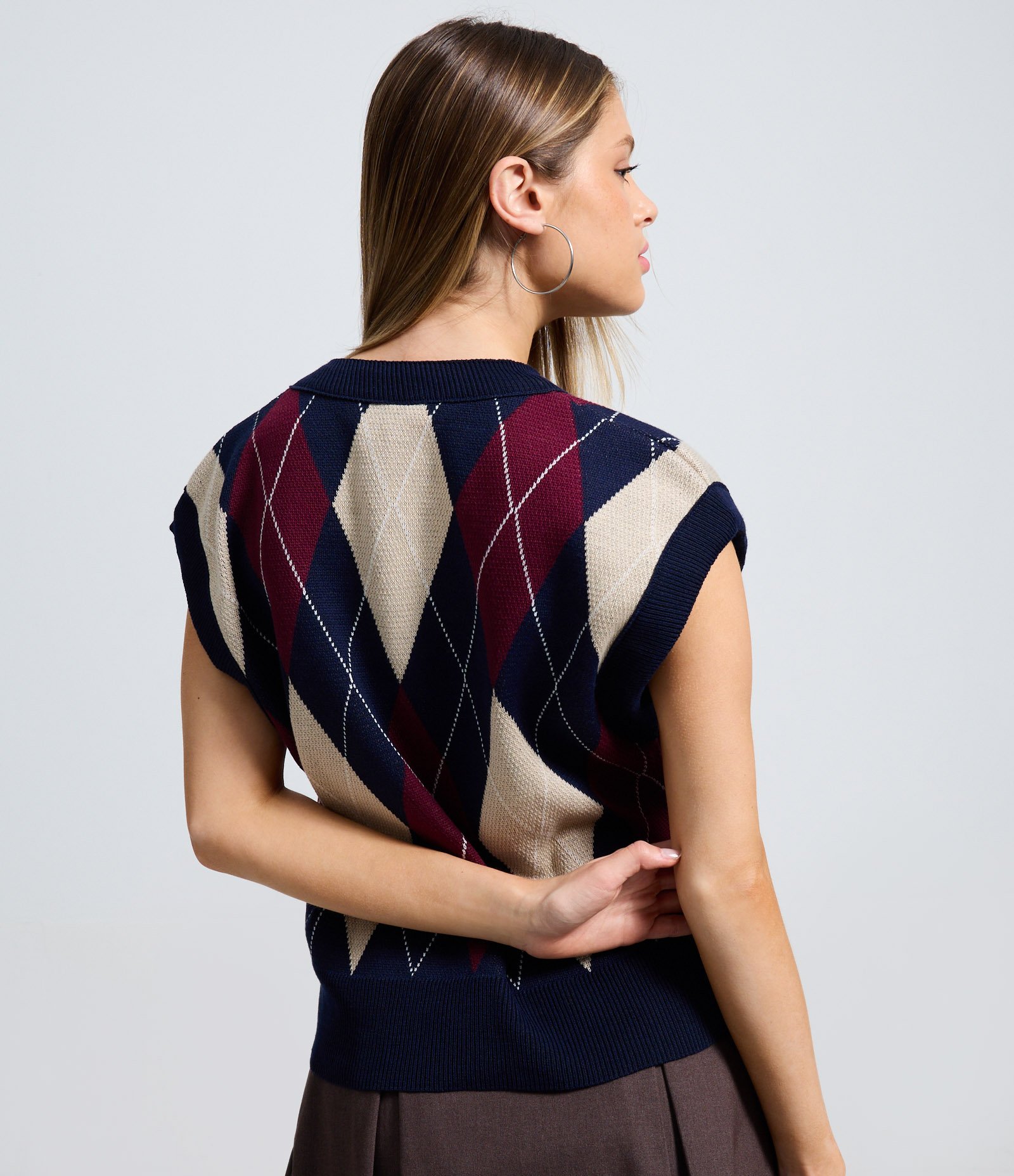 Blusa em Tricô com Estampa Xadrez Argyle Azul 4