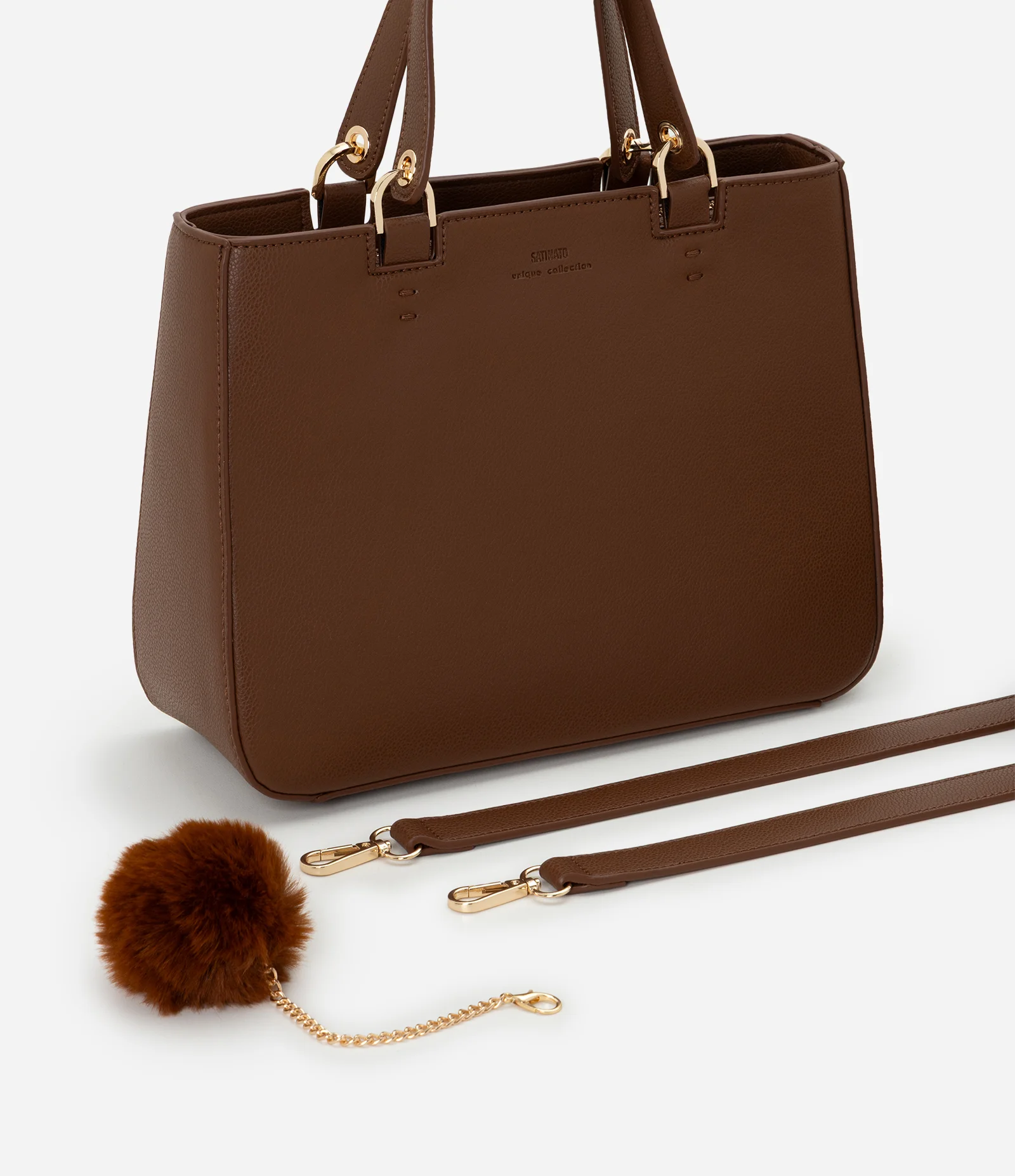 Bolsa Satchel Média em PU com Pompom e Alça Removível Marrom 8