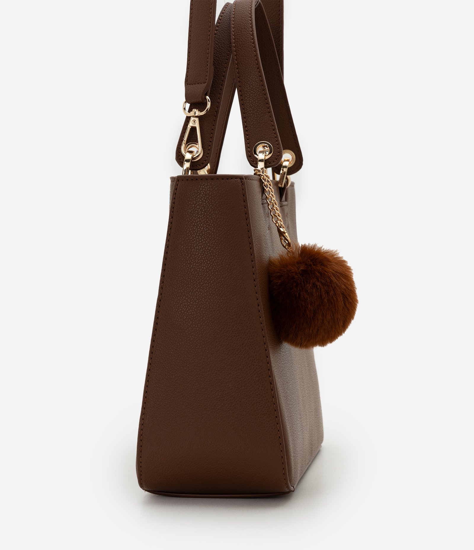 Bolsa Satchel Média em PU com Pompom e Alça Removível Marrom 2