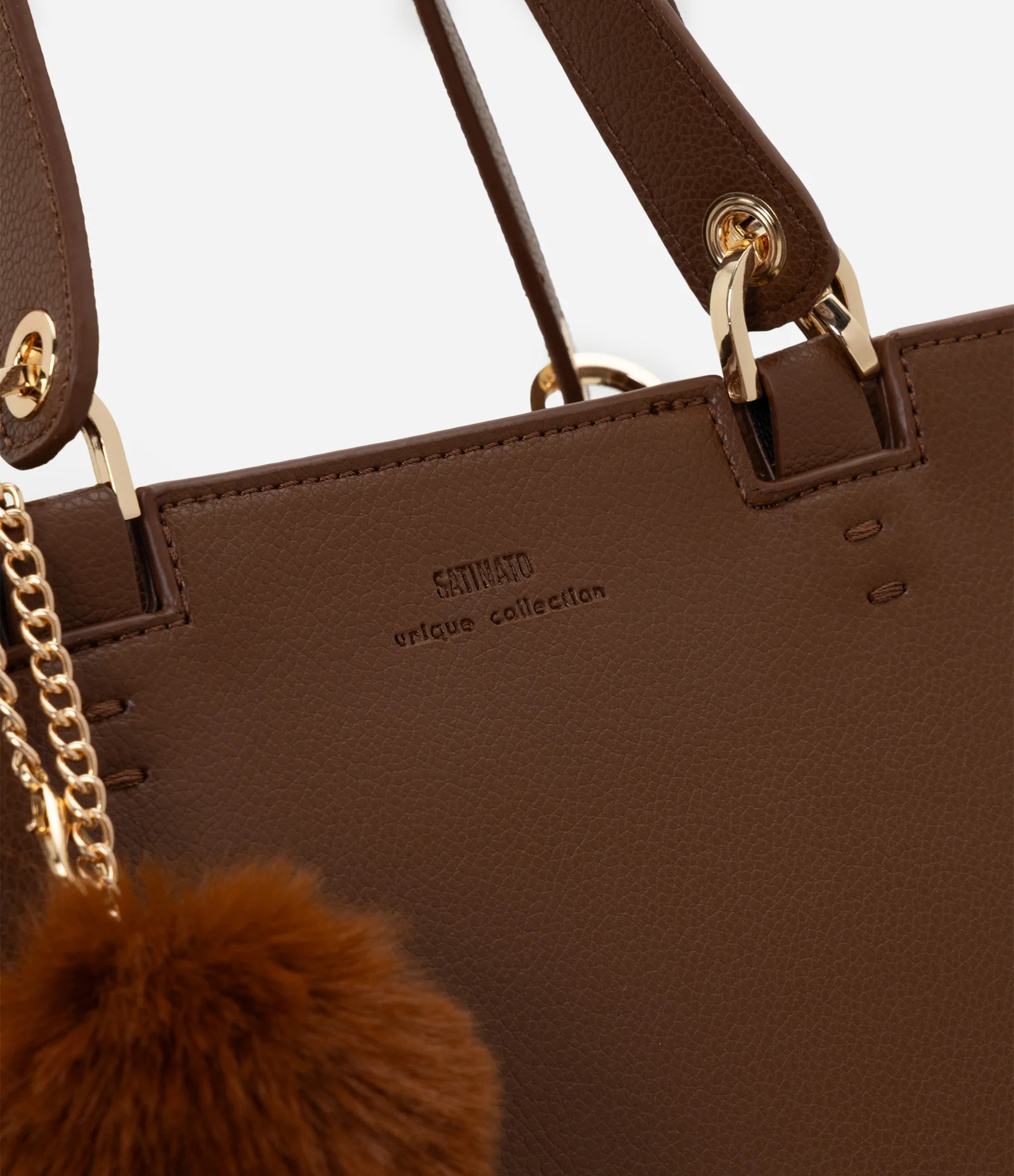 Bolsa Satchel Média em PU com Pompom e Alça Removível Marrom 4