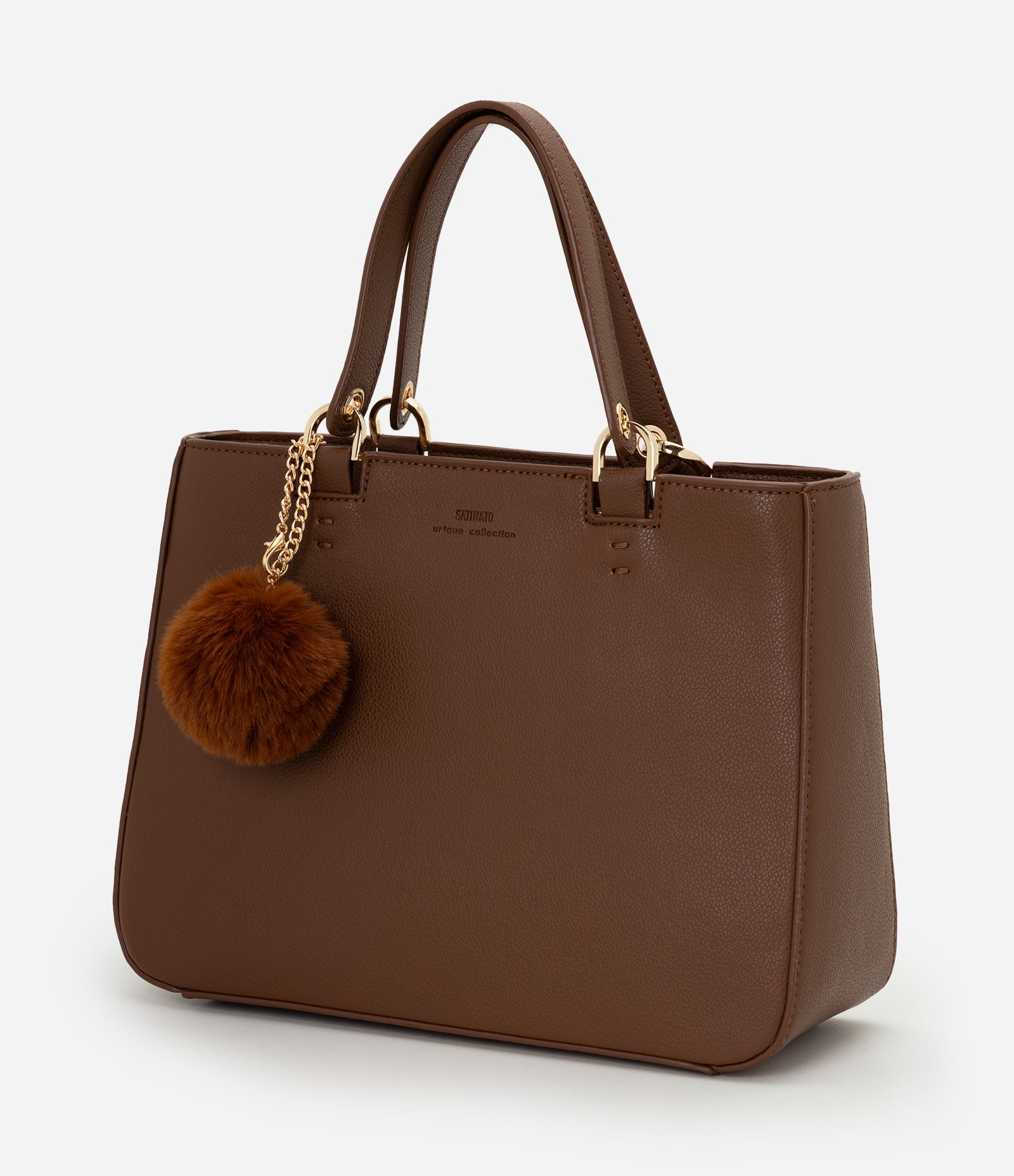 Bolsa Satchel Média em PU com Pompom e Alça Removível Marrom 5