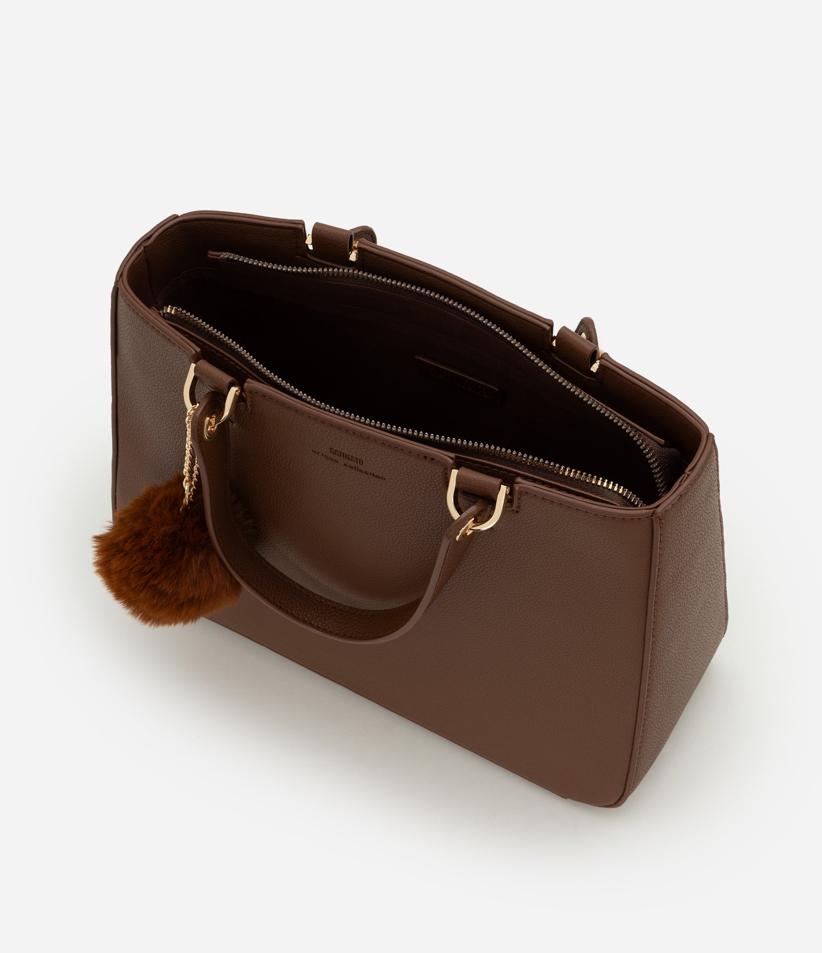 Bolsa Satchel Média em PU com Pompom e Alça Removível Marrom 7