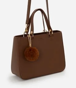 Bolsa Satchel Média em PU com Pompom e Alça Removível