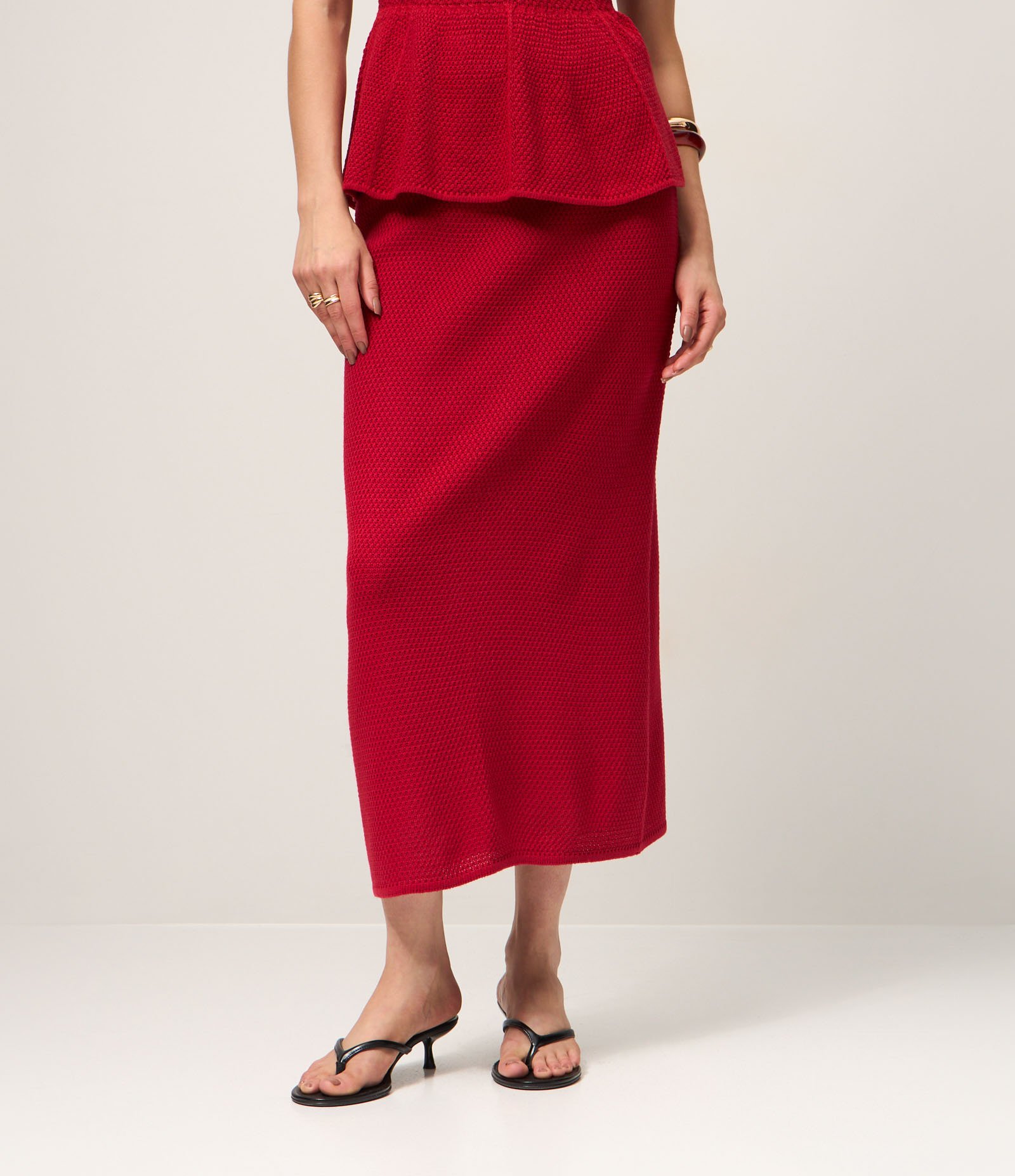 Saia Midi em Tricô com Fenda Traseira Vermelho 4