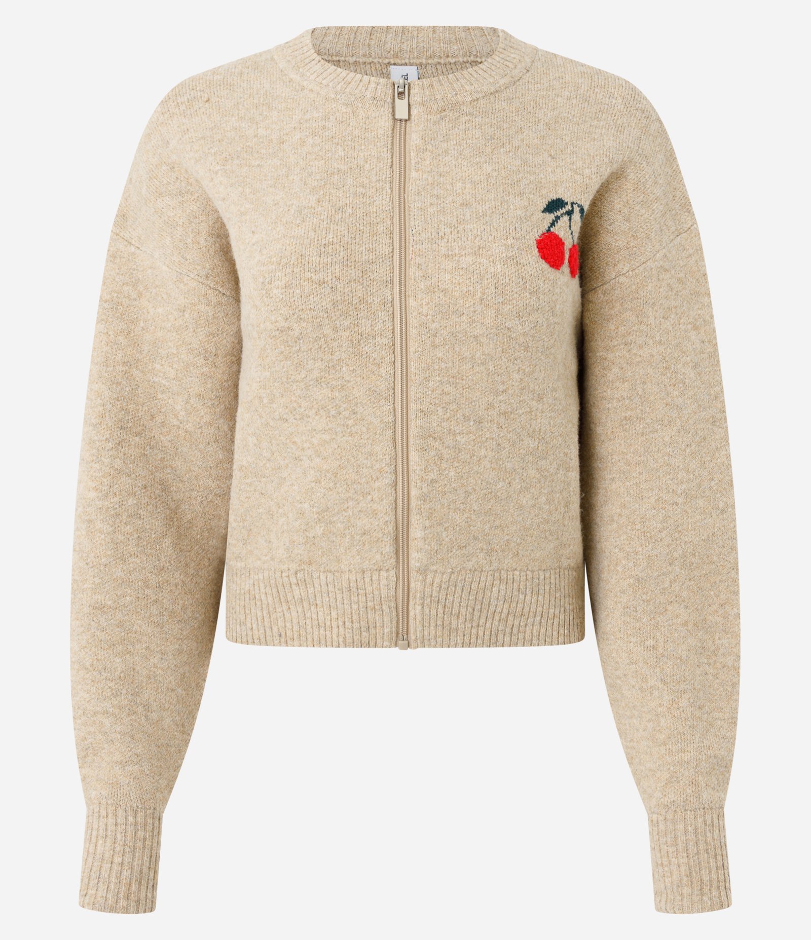 Cardigan em Tricô com Bordado de Cereja e Zíper Bege