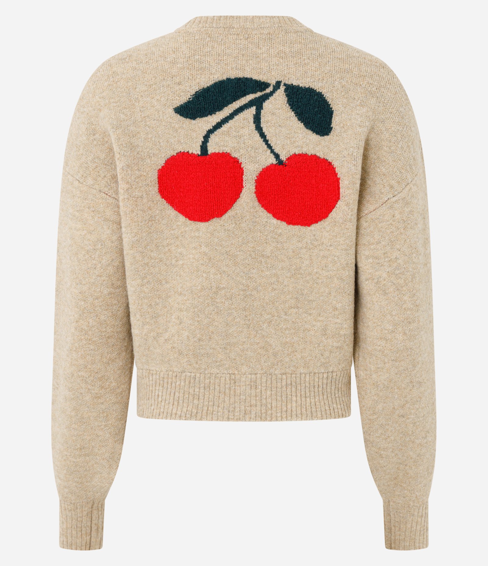 Cardigan em Tricô com Bordado de Cereja e Zíper Bege