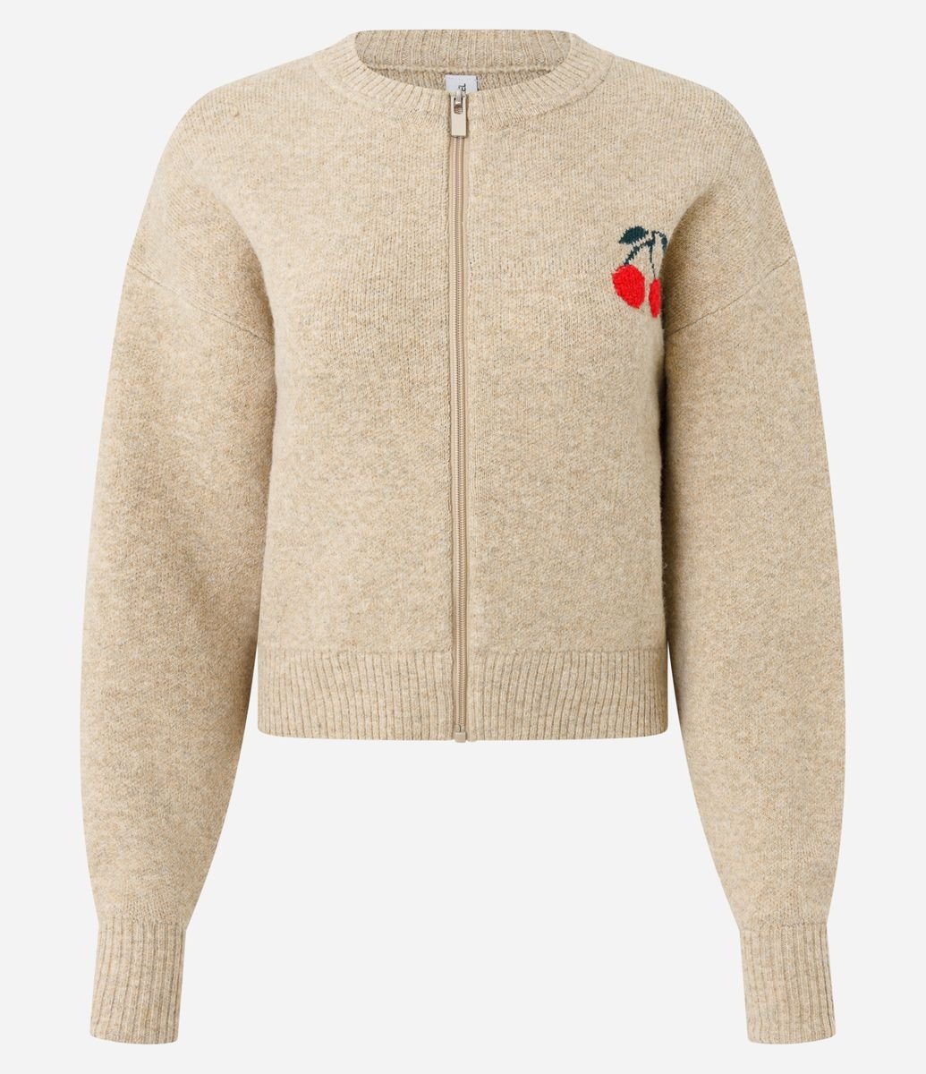 Cardigan em Tricô com Bordado de Cereja e Zíper Bege