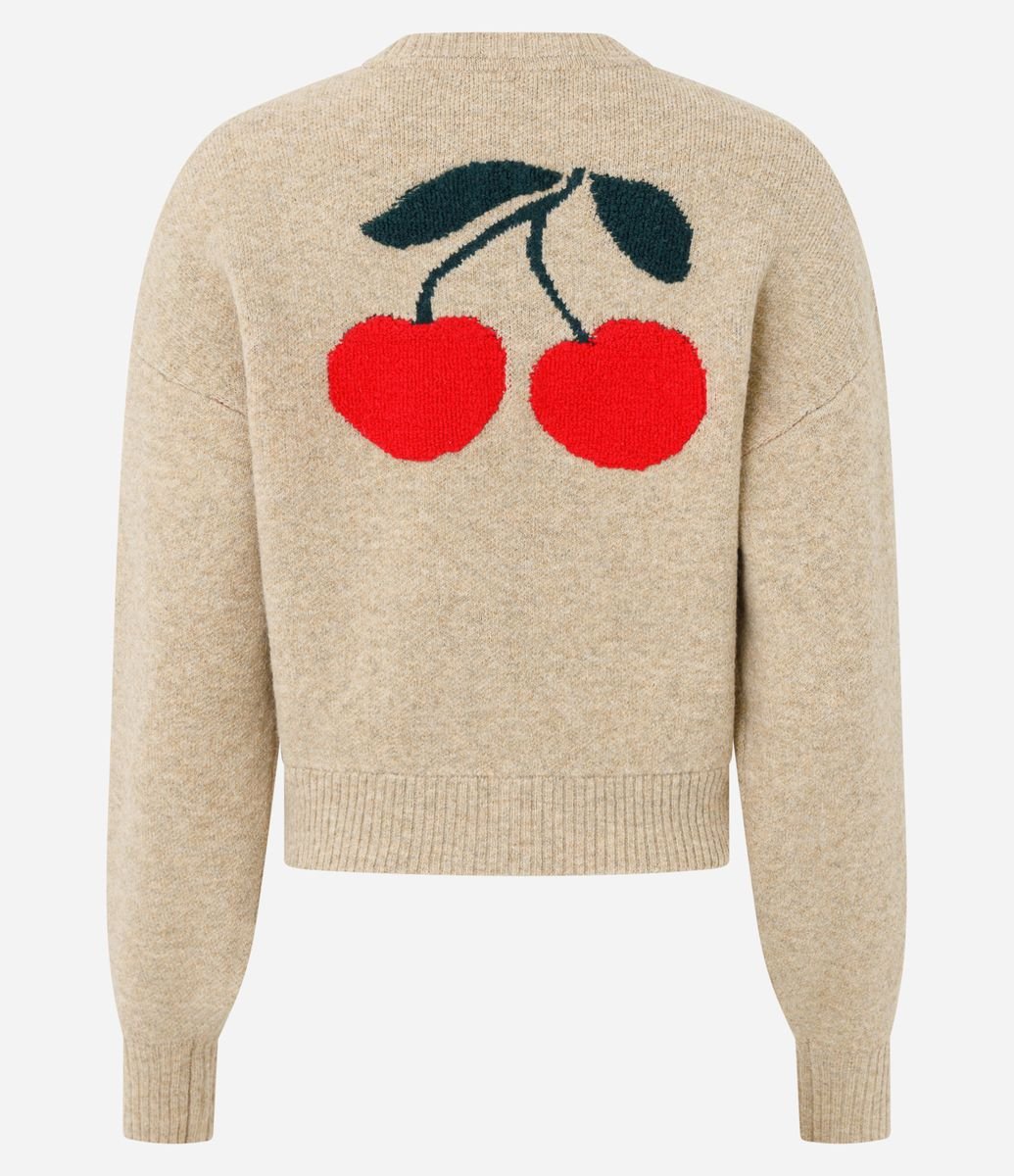 Cardigan em Tricô com Bordado de Cereja e Zíper Bege