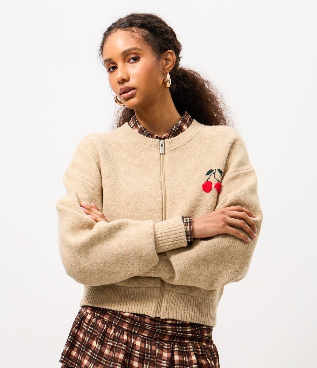 Cardigan em Tricô com Bordado de Cereja e Zíper Bege