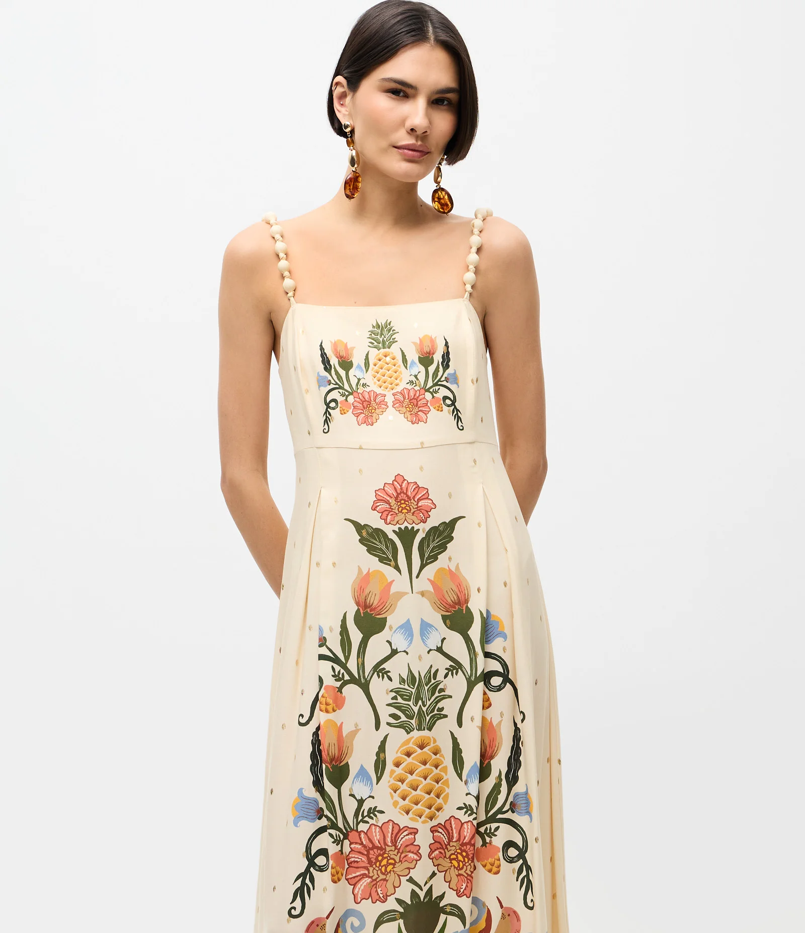 Vestido Midi em Viscose com Estampa e Decote Quadrado Off White 2