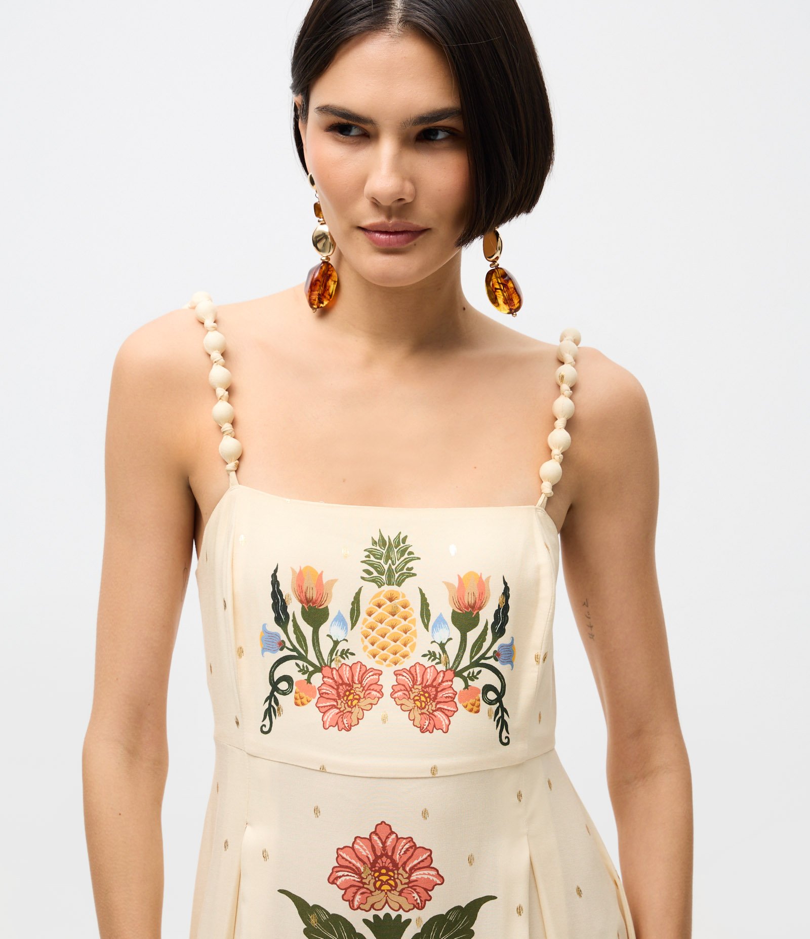 Vestido Midi em Viscose com Estampa e Decote Quadrado Off White 3