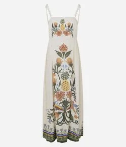 Vestido Midi em Viscose com Estampa e Decote Quadrado