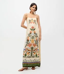 Vestido Midi em Viscose com Estampa e Decote Quadrado